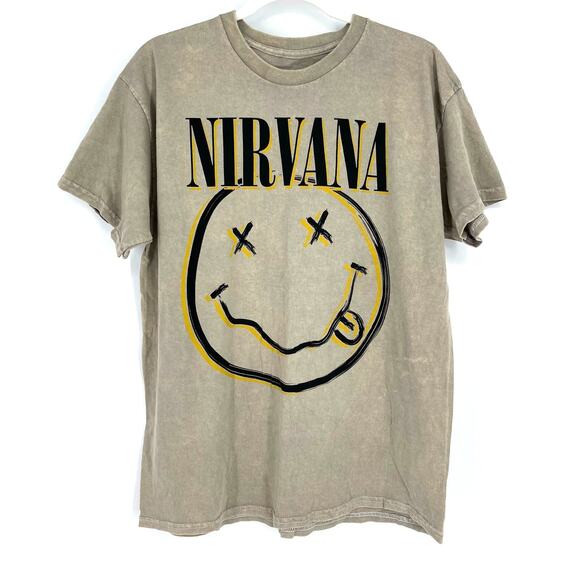 Officially Licensed Nirvana Nevermind Smiley Grunge Tee Beige Acid Wash Large - Picture 1 of 6